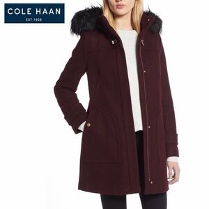 Cole Haan Signature Wool Blend Twill Duffle Faux Fur Trim Hooded Jacket